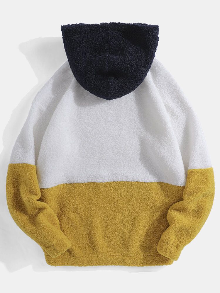 Sweats À Capuche En Peluche Avec Poche Kangourou Et Patchwork De Couleurs Contrastées Pour Hommes