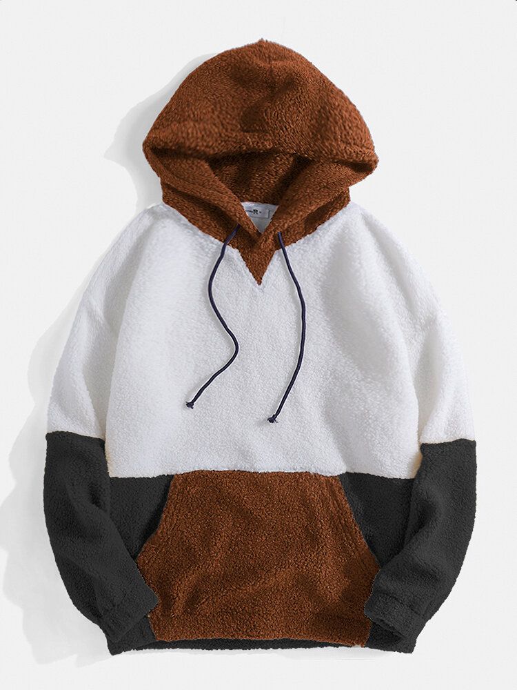 Sweats À Capuche En Peluche Avec Poche Kangourou Et Patchwork De Couleurs Contrastées Pour Hommes