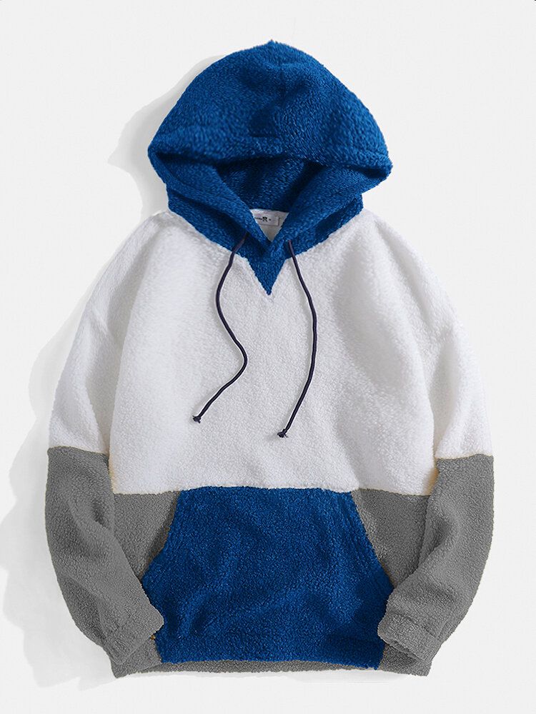 Sweats À Capuche En Peluche Avec Poche Kangourou Et Patchwork De Couleurs Contrastées Pour Hommes