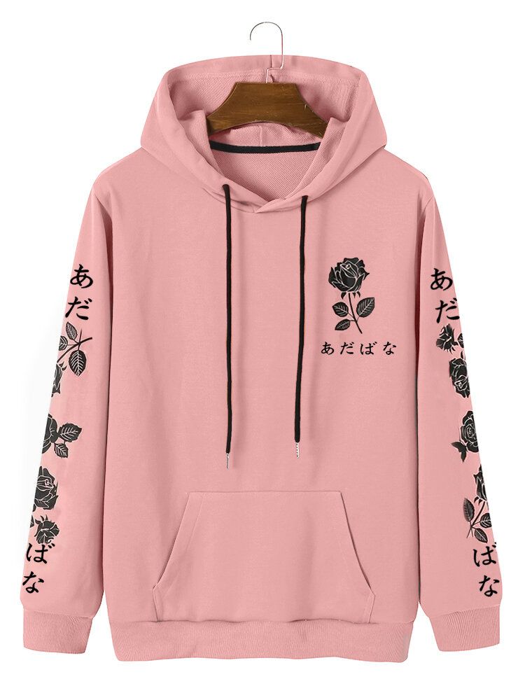 Sweats À Capuche Rétro Avec Cordon De Serrage Imprimé Rose Pour Homme Avec Poche Avant