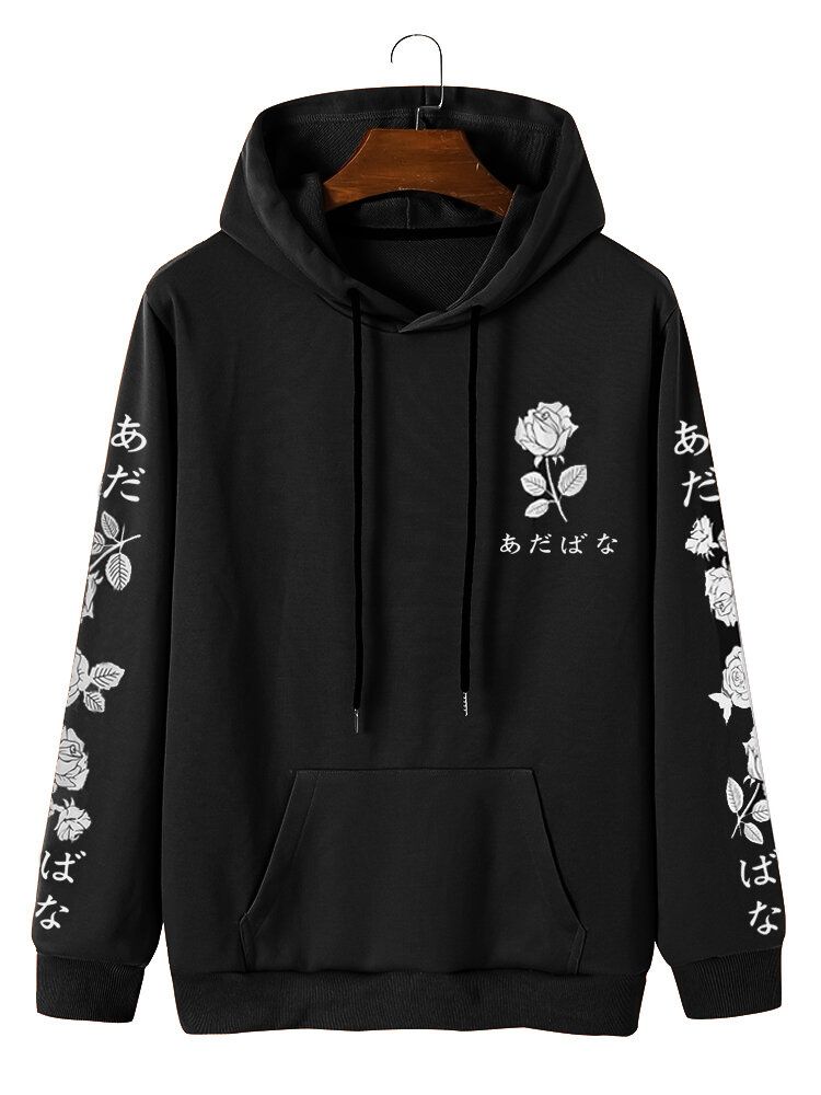 Sweats À Capuche Rétro Avec Cordon De Serrage Imprimé Rose Pour Homme Avec Poche Avant