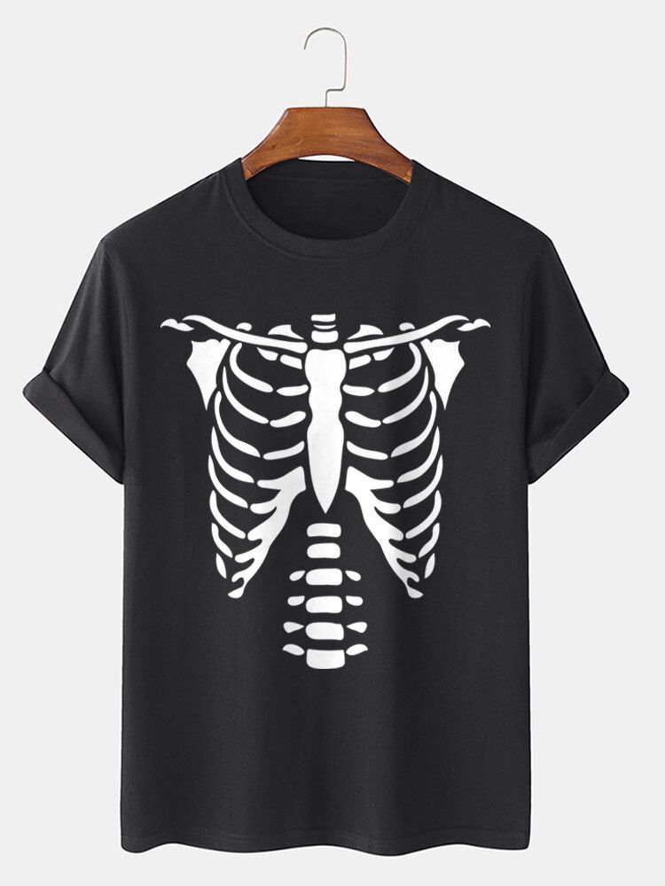 T-shirt 100% Coton Imprimé Squelette D'halloween Pour Homme