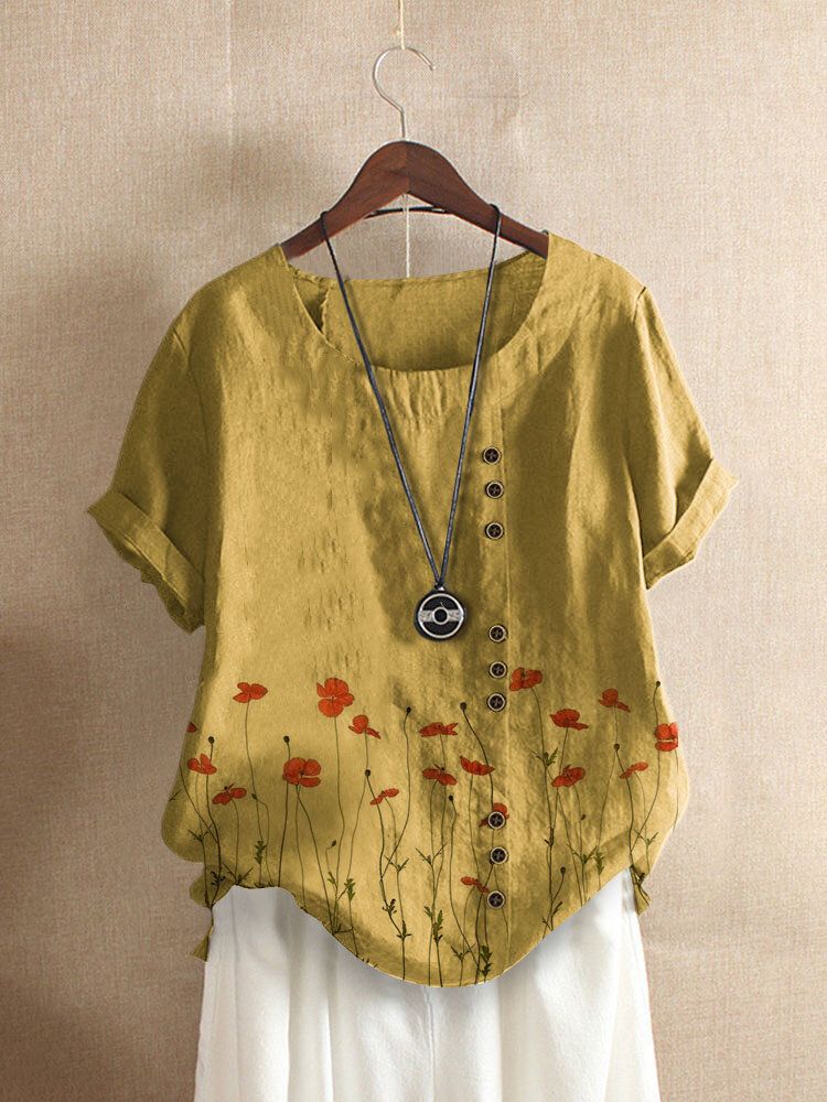 T-shirt Boutonné À Manches Courtes Et Imprimé Floral Vintage Pour Femme