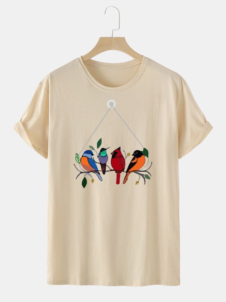 T-shirt À Col Rond 100 % Coton Imprimé Oiseaux Colorés Pour Homme