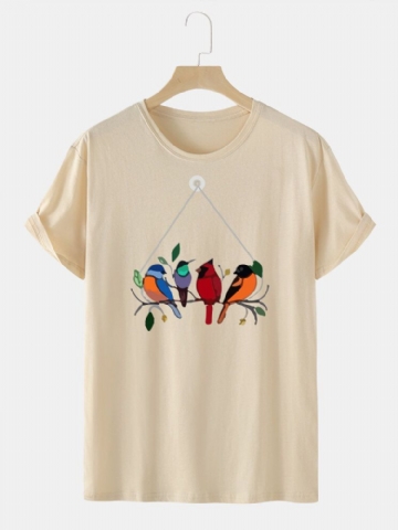 T-shirt À Col Rond 100 % Coton Imprimé Oiseaux Colorés Pour Homme