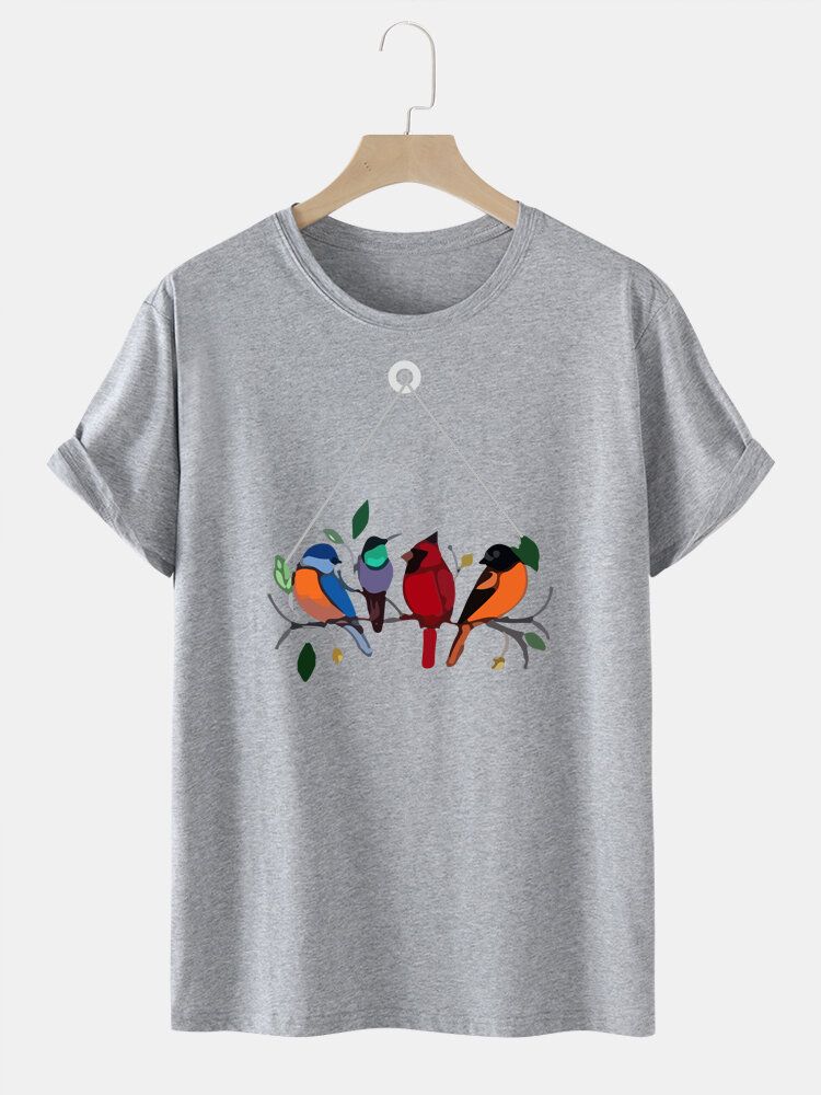 T-shirt À Col Rond 100 % Coton Imprimé Oiseaux Colorés Pour Homme