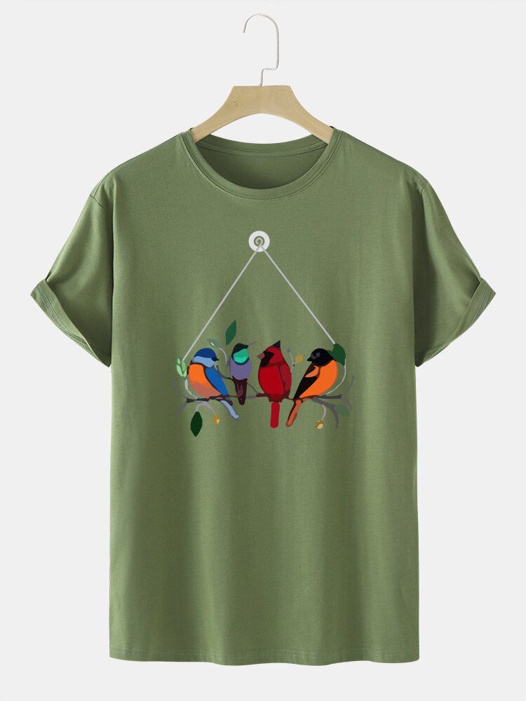 T-shirt À Col Rond 100 % Coton Imprimé Oiseaux Colorés Pour Homme