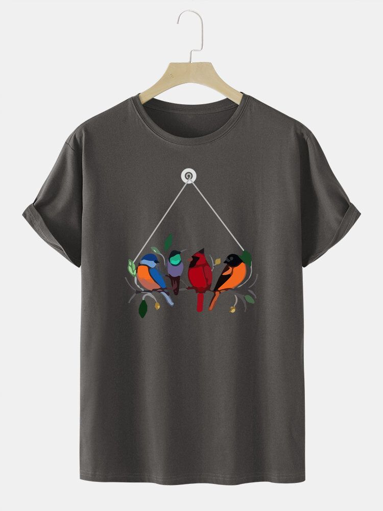 T-shirt À Col Rond 100 % Coton Imprimé Oiseaux Colorés Pour Homme