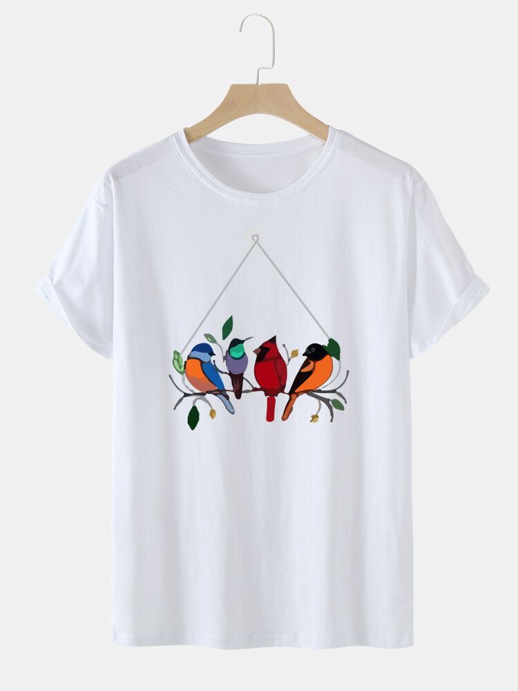 T-shirt À Col Rond 100 % Coton Imprimé Oiseaux Colorés Pour Homme