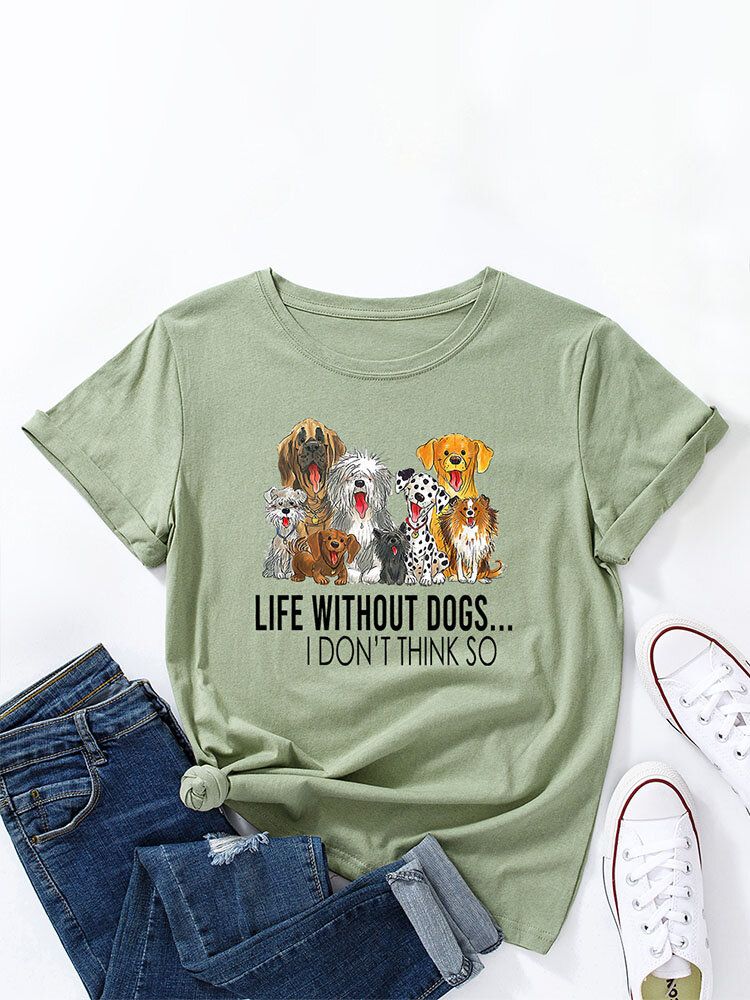 T-shirt Col Rond Femme Imprimé Chien Dessin Animé Lettres Pour Femme