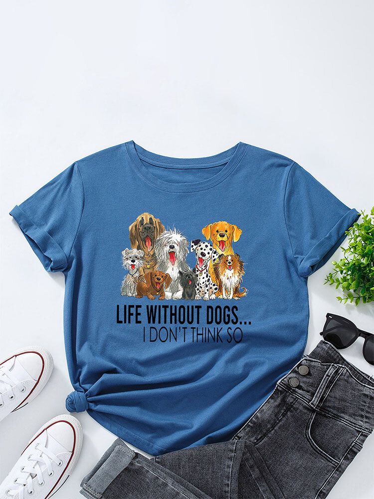 T-shirt Col Rond Femme Imprimé Chien Dessin Animé Lettres Pour Femme