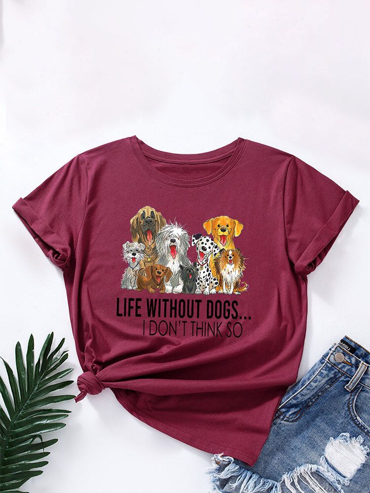 T-shirt Col Rond Femme Imprimé Chien Dessin Animé Lettres Pour Femme