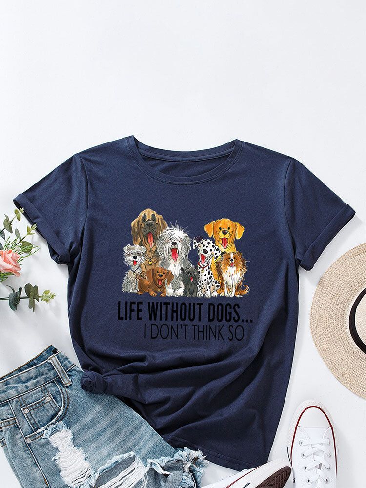 T-shirt Col Rond Femme Imprimé Chien Dessin Animé Lettres Pour Femme