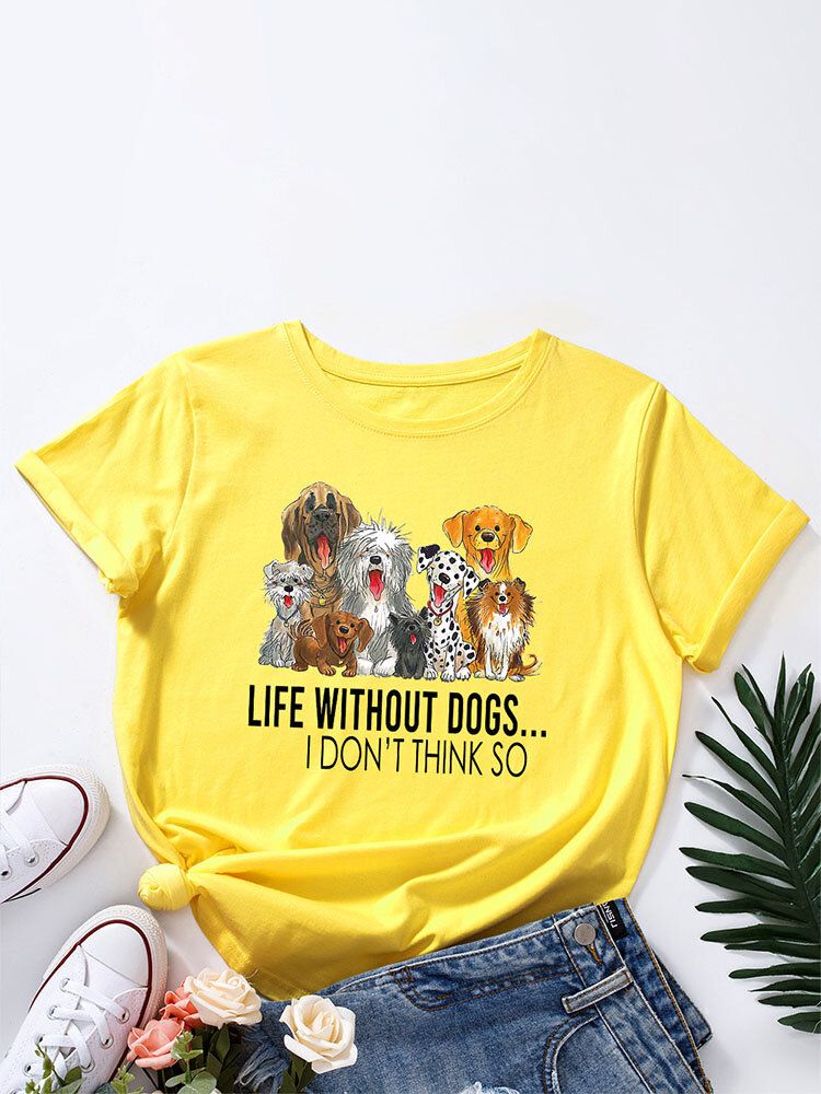 T-shirt Col Rond Femme Imprimé Chien Dessin Animé Lettres Pour Femme