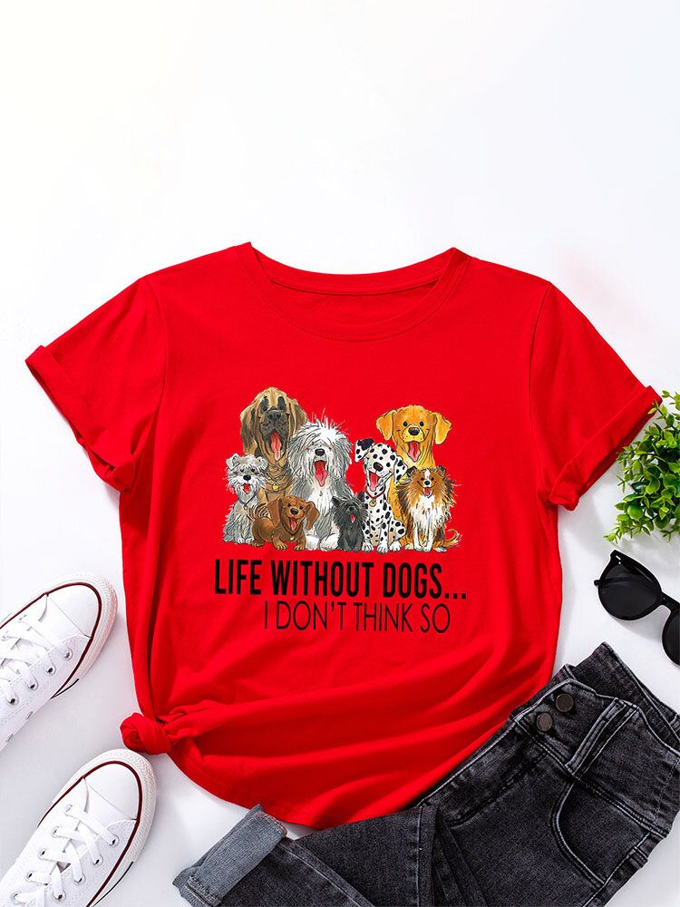 T-shirt Col Rond Femme Imprimé Chien Dessin Animé Lettres Pour Femme