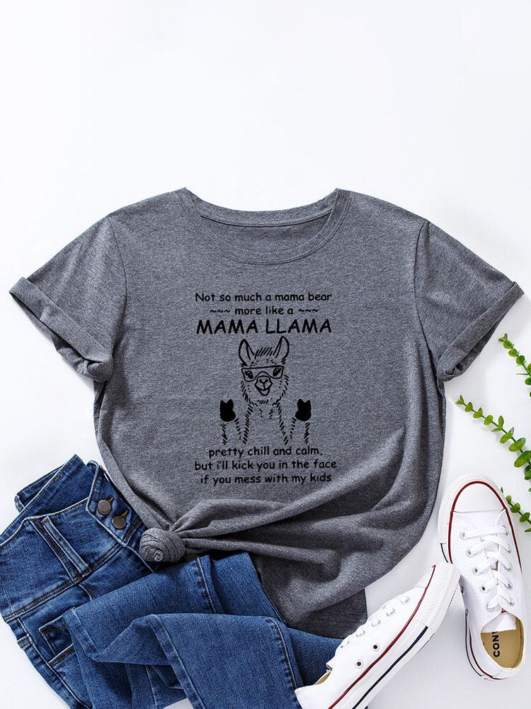 T-shirt Col Rond Imprimé Lettres D'alpaga Dessin Animé Pour Femme