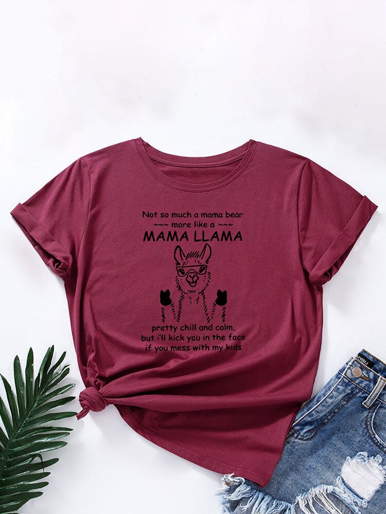 T-shirt Col Rond Imprimé Lettres D'alpaga Dessin Animé Pour Femme