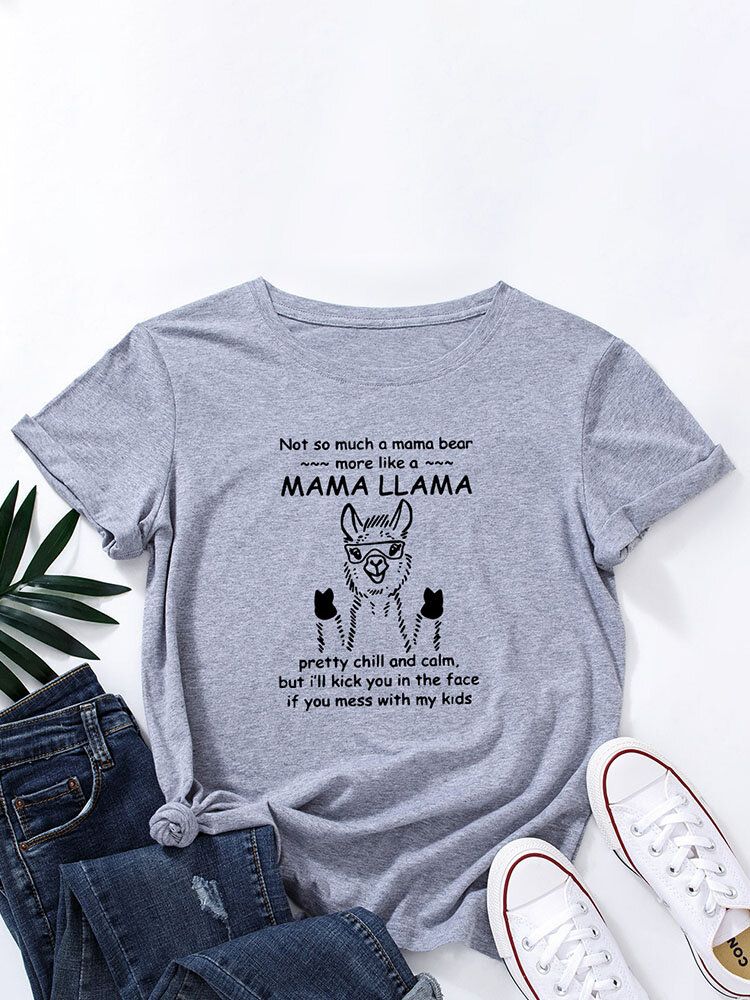 T-shirt Col Rond Imprimé Lettres D'alpaga Dessin Animé Pour Femme