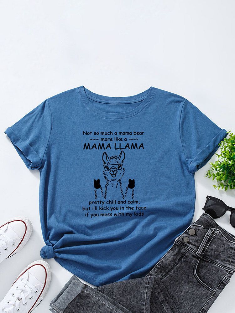 T-shirt Col Rond Imprimé Lettres D'alpaga Dessin Animé Pour Femme