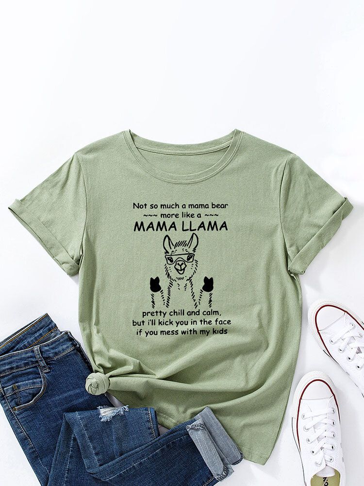 T-shirt Col Rond Imprimé Lettres D'alpaga Dessin Animé Pour Femme