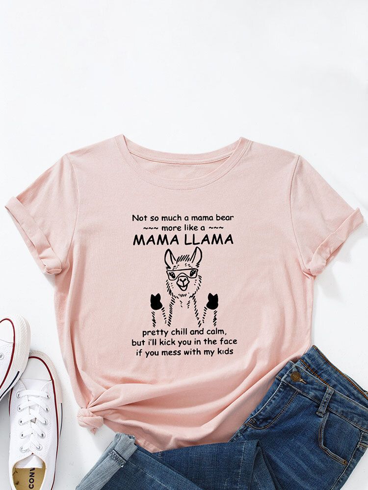 T-shirt Col Rond Imprimé Lettres D'alpaga Dessin Animé Pour Femme