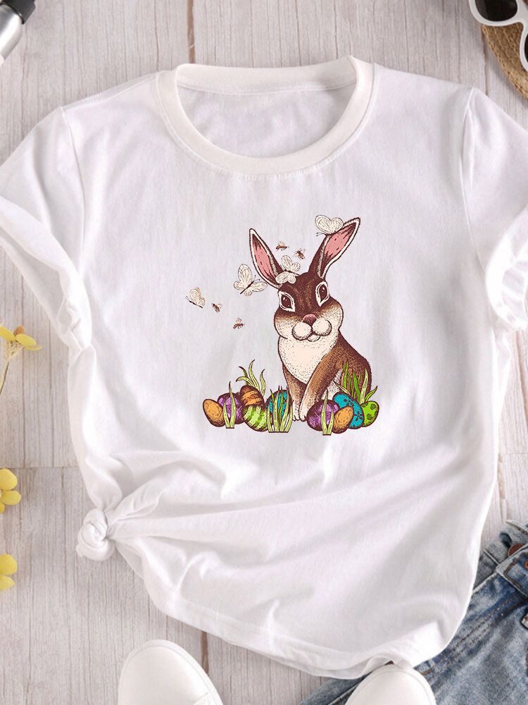 T-shirt Col Rond À Manches Courtes Imprimé Lapin De Pâques Pour Femme