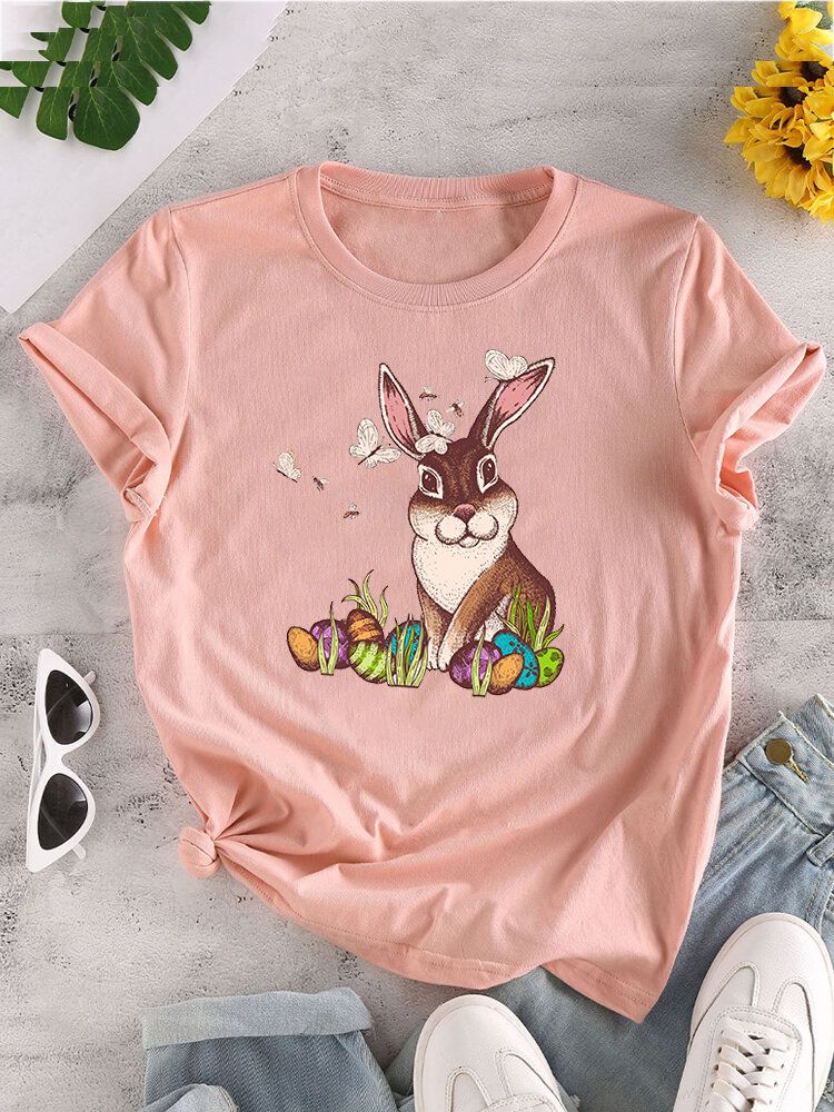 T-shirt Col Rond À Manches Courtes Imprimé Lapin De Pâques Pour Femme