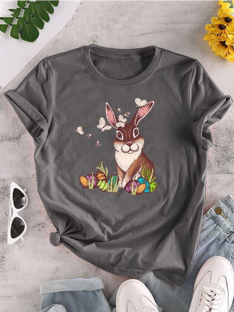 T-shirt Col Rond À Manches Courtes Imprimé Lapin De Pâques Pour Femme