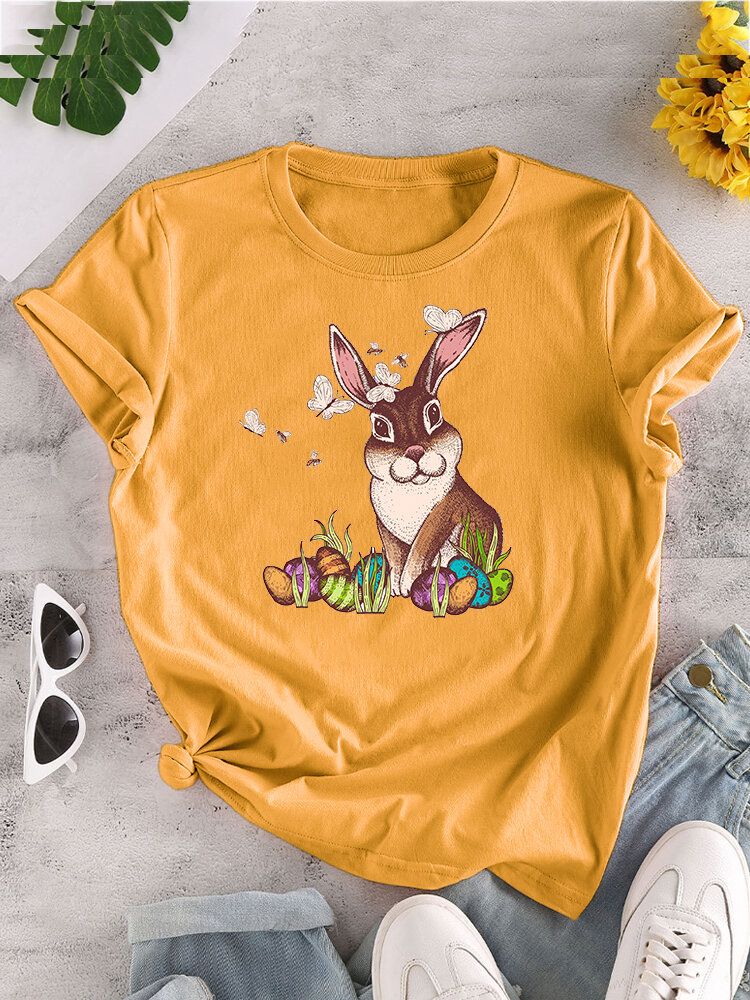 T-shirt Col Rond À Manches Courtes Imprimé Lapin De Pâques Pour Femme