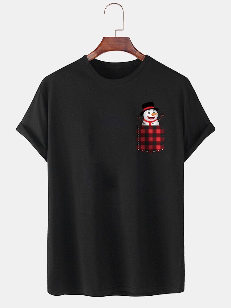 T-shirt Décontracté Fin À Manches Courtes 100 % Coton Avec Poche Poitrine Bonhomme De Neige Pour Homme