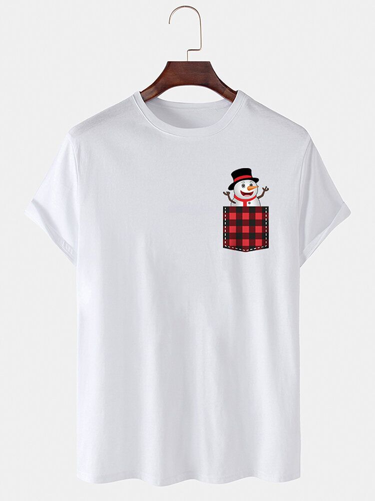 T-shirt Décontracté Fin À Manches Courtes 100 % Coton Avec Poche Poitrine Bonhomme De Neige Pour Homme