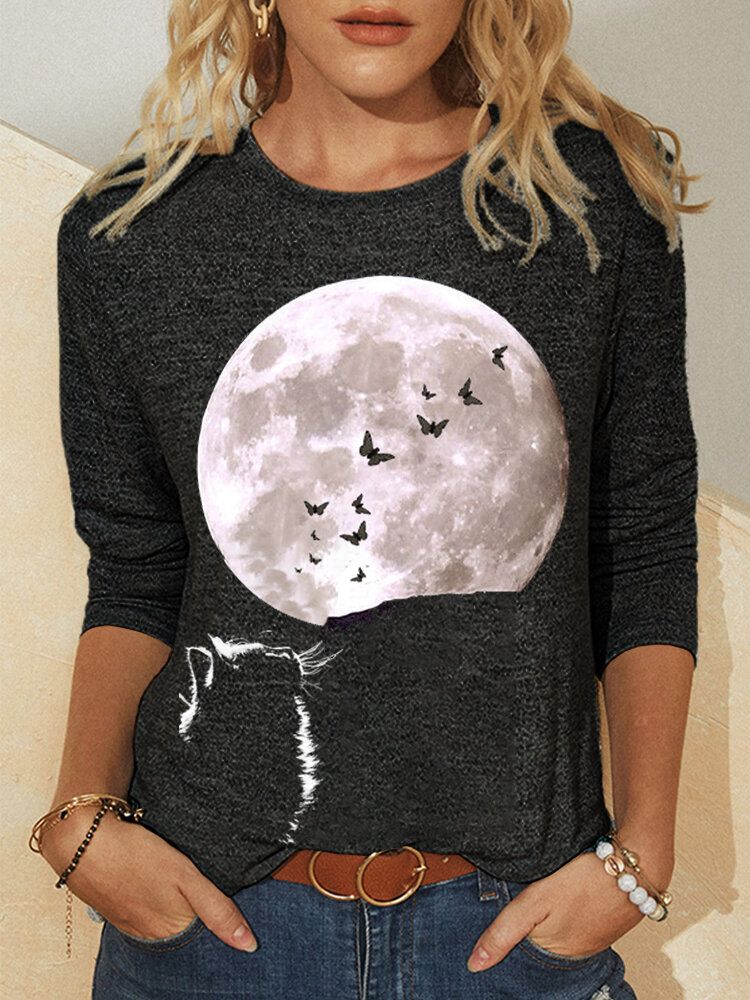 T-shirt Décontracté À Manches Longues Et Col Rond Pour Femme Cat Moon Graphic