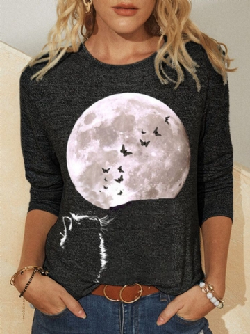 T-shirt Décontracté À Manches Longues Et Col Rond Pour Femme Cat Moon Graphic