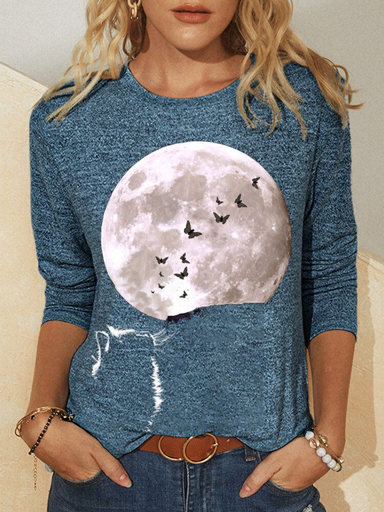 T-shirt Décontracté À Manches Longues Et Col Rond Pour Femme Cat Moon Graphic