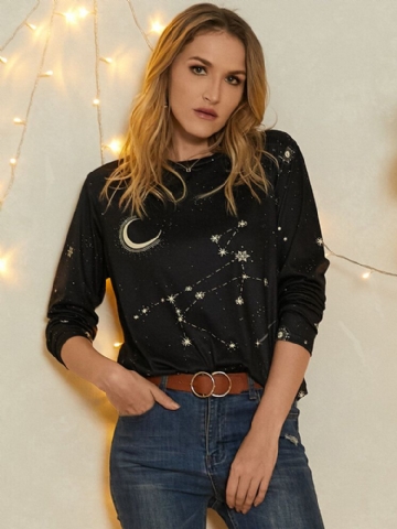 T-shirt Décontracté À Manches Longues Pour Femmes Sagittarius Print Stars Moon