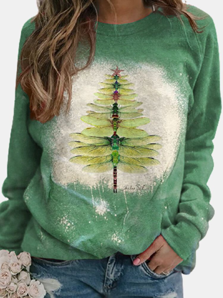 T-shirt Décontracté À Manches Longues Imprimé Arbre De Libellule De Noël Pour Femme