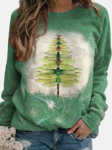 T-shirt Décontracté À Manches Longues Imprimé Arbre De Libellule De Noël Pour Femme