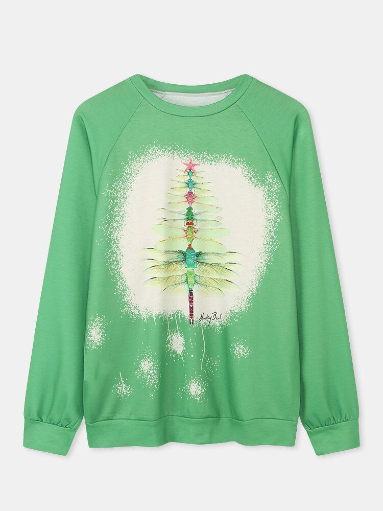 T-shirt Décontracté À Manches Longues Imprimé Arbre De Libellule De Noël Pour Femme