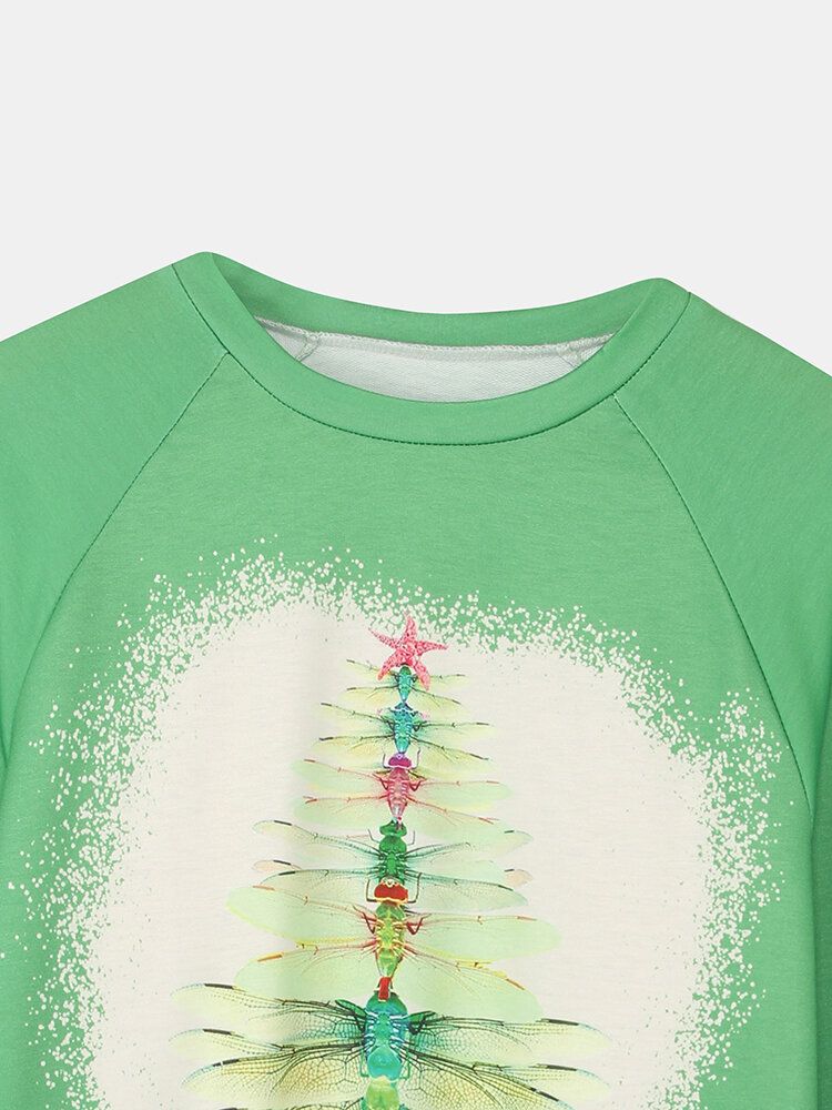 T-shirt Décontracté À Manches Longues Imprimé Arbre De Libellule De Noël Pour Femme