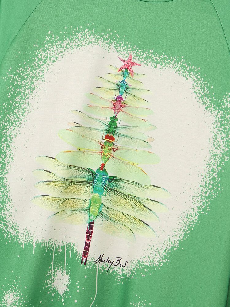 T-shirt Décontracté À Manches Longues Imprimé Arbre De Libellule De Noël Pour Femme