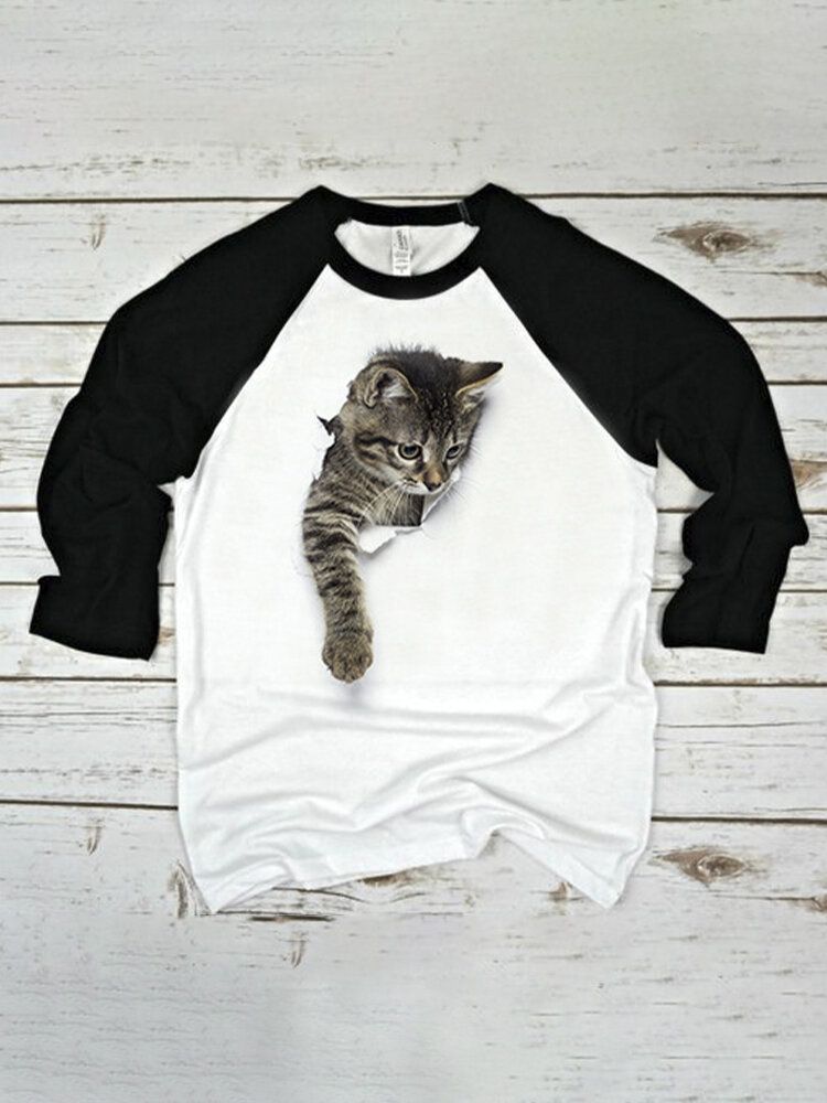 T-shirt Décontracté À Manches Raglan Avec Imprimé Chat Mignon Pour Femme