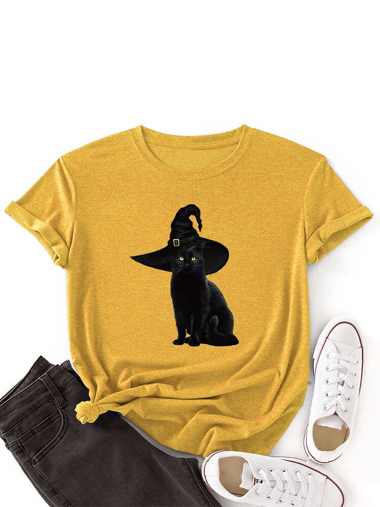 T-shirt Fin Décontracté À Manches Courtes Et À Motif De Chat Noir Pour Femmes