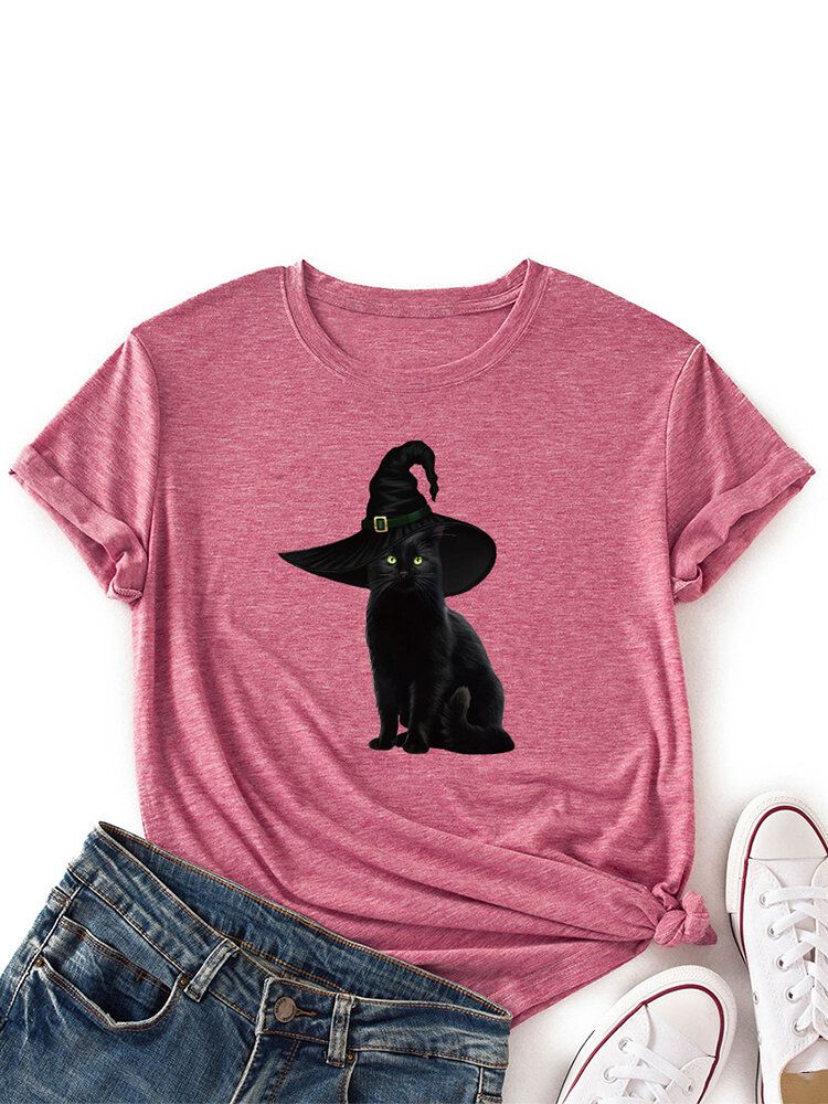 T-shirt Fin Décontracté À Manches Courtes Et À Motif De Chat Noir Pour Femmes