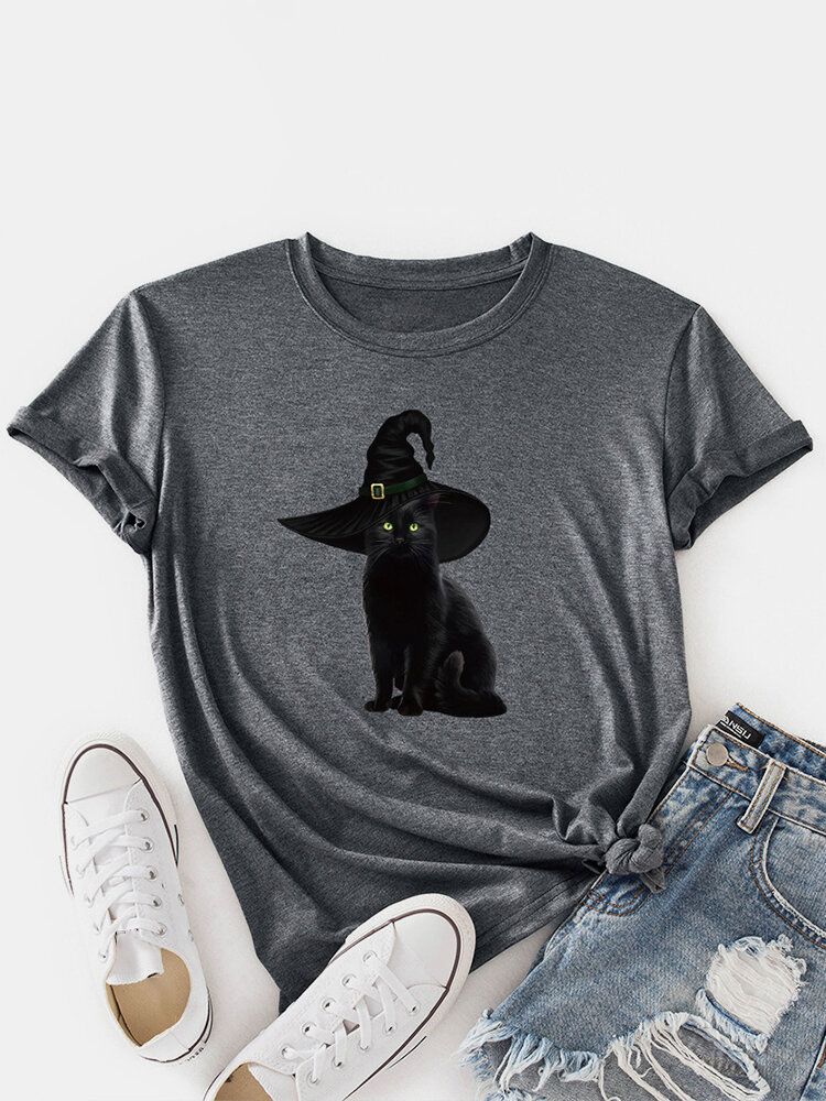 T-shirt Fin Décontracté À Manches Courtes Et À Motif De Chat Noir Pour Femmes