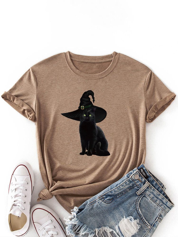 T-shirt Fin Décontracté À Manches Courtes Et À Motif De Chat Noir Pour Femmes