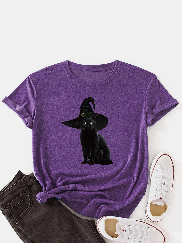 T-shirt Fin Décontracté À Manches Courtes Et À Motif De Chat Noir Pour Femmes