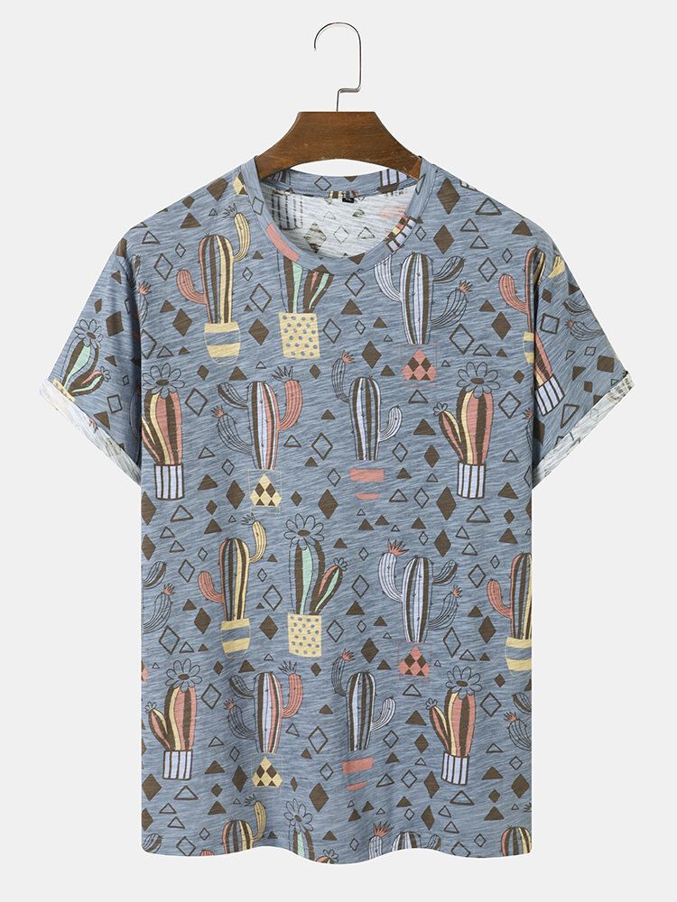 T-shirt De Loisirs Respirant À Manches Courtes Pour Hommes 100% Coton Cartoon Cactus Print