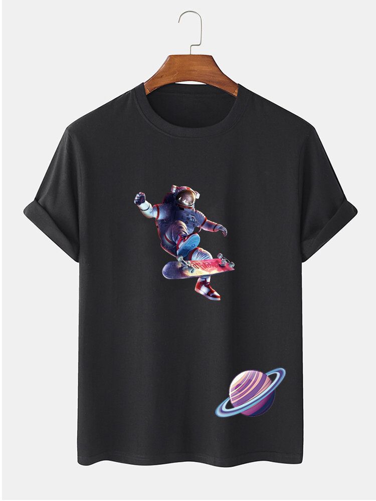 T-shirt À Manches Courtes 100 % Coton Imprimé Planète Astronaute Pour Homme