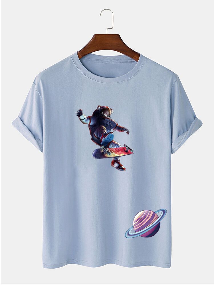 T-shirt À Manches Courtes 100 % Coton Imprimé Planète Astronaute Pour Homme