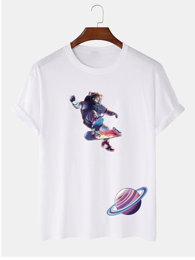 T-shirt À Manches Courtes 100 % Coton Imprimé Planète Astronaute Pour Homme